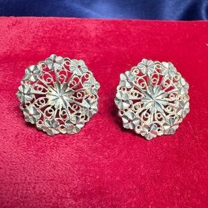 Earrings Intricate Filigree Floral 925 Sterling Silver Vintage Round Posts